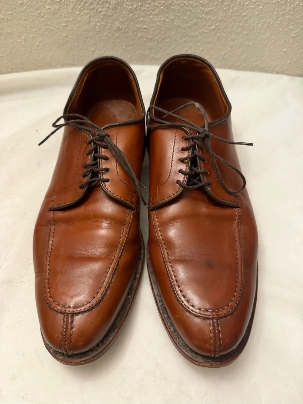 Allen Edmonds Cognac Brown Leather Split-Toe Derby Shoes, pre-owned, SZ9.5